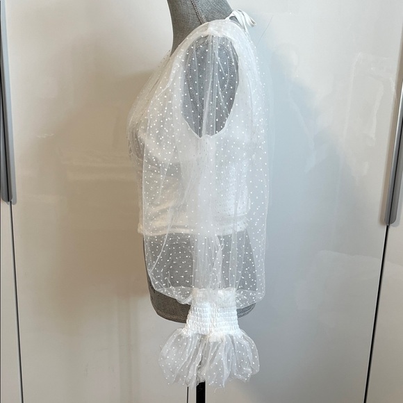 NWOT Elegant White Sheer Chiffon Deep V Puff Sleeve Top, Size M - Picture 5 of 11